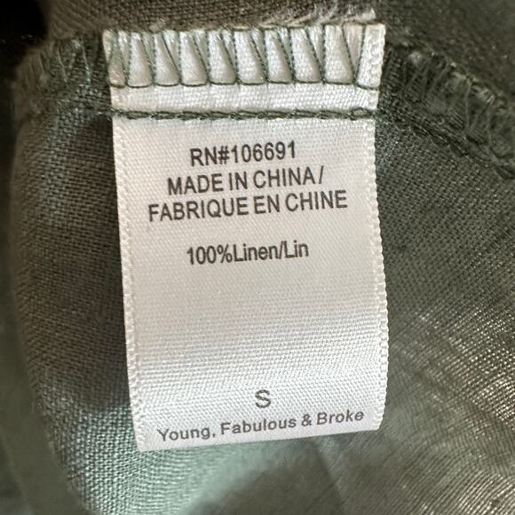 Young Fabulous and Broke Linen Blouse SZ Green Off Shoulder Pullover Ruffle Boho - Picture 6 of 7